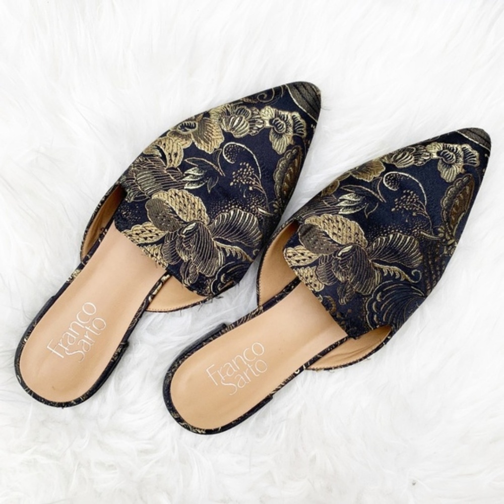 Franco Sarto Russo Black Gold Floral Mules Flats
